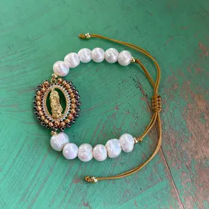Beaded Our Lady of Guadalupe Pearl Bracelet – Freshwater Pearls, 18K Gold Plated, Adjustable Cord