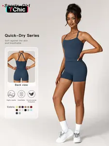 Two-piece Set Women's Solid Backless Cami Top & High Waist Shorts Tracksuit Set, Sleeveless Spaghetti Strap Crop Top & Skinny Shorts, Ladies Sportswear for Indoor Outdoor Wear, Gym Wear