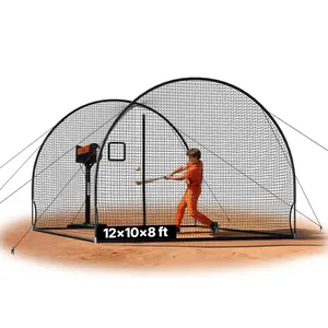 VEVOR Baseball Batting Cage, 12.0 x 10.2 x 7.6 FT Freestanding Portable Batting Cage, Hitting Cages with 4-Ply Knotless Polyester & Pitching Machine Opening, Battings Cages Netting for Indoor Outdoor