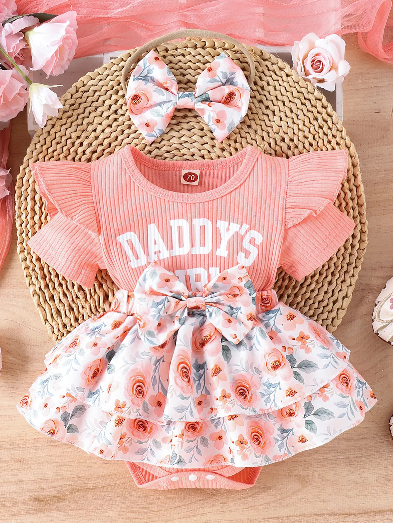 2 Pieces Cute Baby Girl Sweet Soft Comfortable Letter Slogan Pattern Ruffled Patchwork Floral Pattern Dress Solid Color Romper With Headband Suitable For Casual Daily Vacation Clothes Outfits