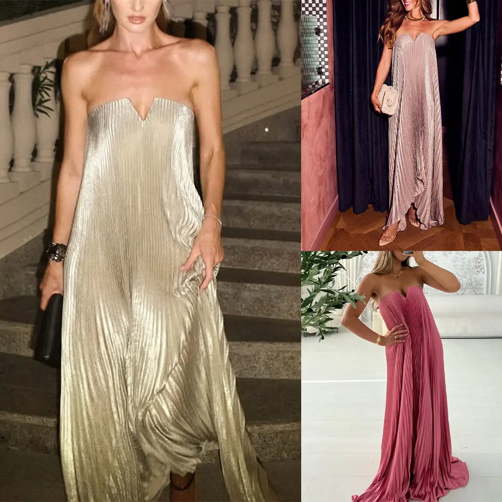 High-end custom dress in old money style, women's strapless pleated maxi dress, sexy dress, pleated skirt for women-DAN