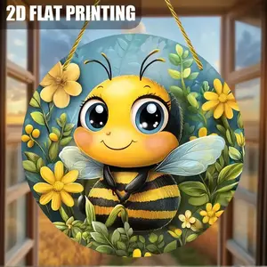 2D Flat - 2D, 1pc, Round Aluminum Sign, Cute Bumblebee on Flowers Metal Sign Design, Suitable for Garden, Countryside, Farmhouse, Home, Living Room, Office, Cafe, Bar, Party Decorative Signs and Plaques