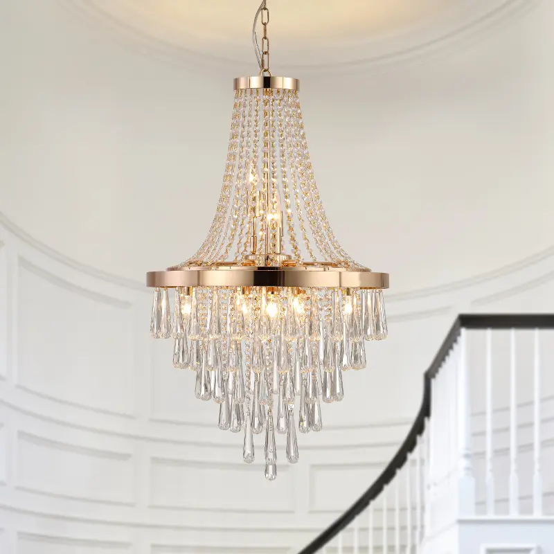20" Modern Crystal Pendant Chandelier (Same as W1340102274/L5004) - Golden Finish 11-Light Tiered Hanging Light Fixture for Dining Room, Hotels, High Ceilings, 19.7"x19.7"x40.2"-70.9", Indoor Use, No Bulbs