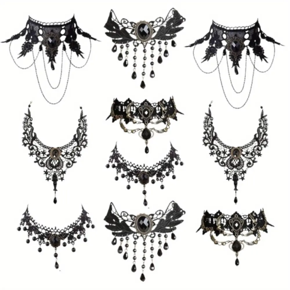 10 Pieces/Set Halloween Sexy Jewelry Women Lady Elegant Goth Gothic Steampunk Lace Choker Necklace Black Neck Chain Collar Statement with Pendant Victorian Wedding Party Cosplay
