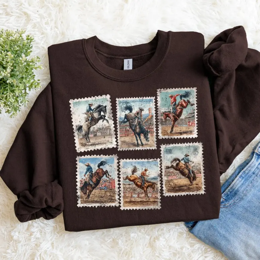 Rodeo Bucking Horse Western SweatShirt, Rodeo Stamp western clothing, western cowgirl stuff, rodeo western outfit women, western graphic tees women, country concert outfits, western clothes tops, western shirts for women, women’s clothing merch shirts