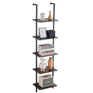 VEVOR Ladder Shelf, 5-Tier Bookshelf 15.6x11.8in, Open Wall-Mounted Ladder Shelf with Metal Frame, Storage Rack Sundries Holder for Kitchen Bedroom Bathroom Living Room, Black