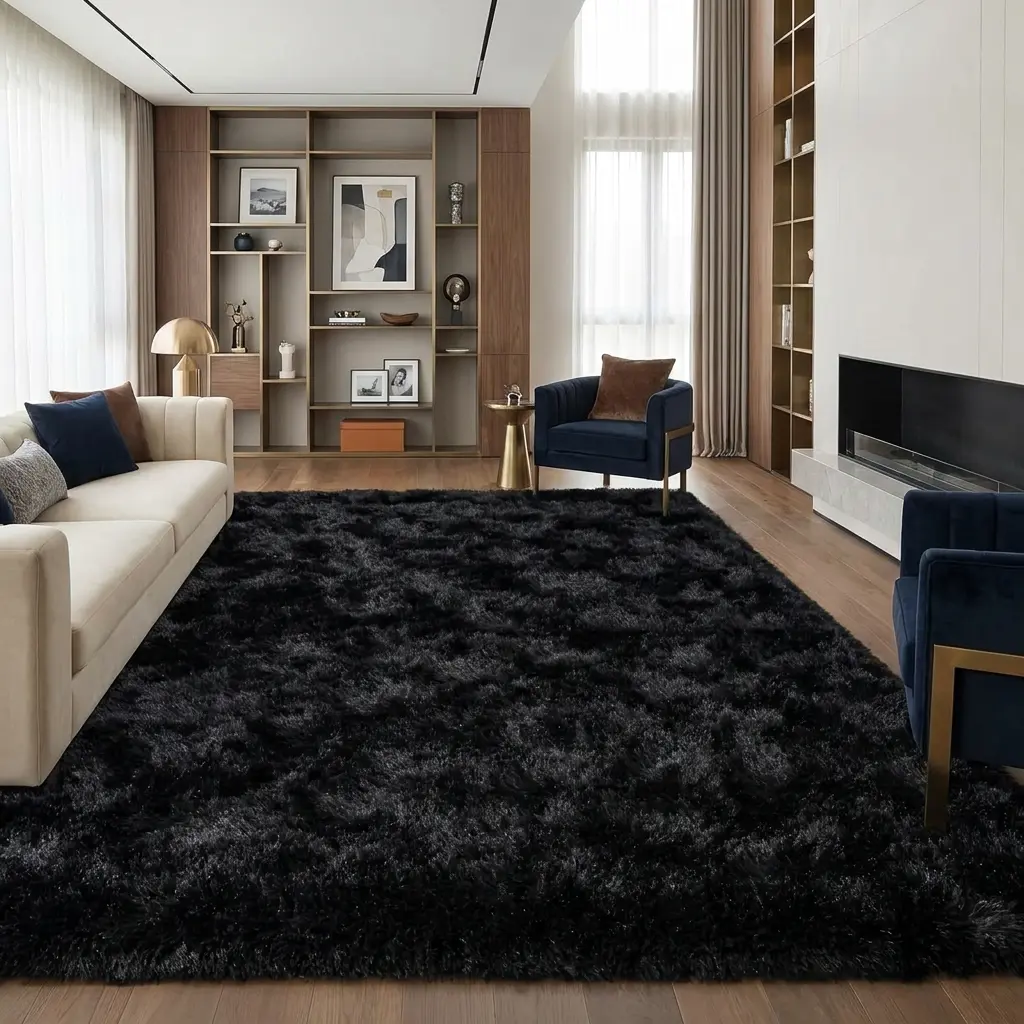 【Back to School】 Black Shaggy Rug Ultra Soft Fluffy Area Rug for College Dorm Room Bedroom Living Room, Plush Fuzzy Carpet Non Slip Cozy Floor Mat, Modern Luxury Home Decor