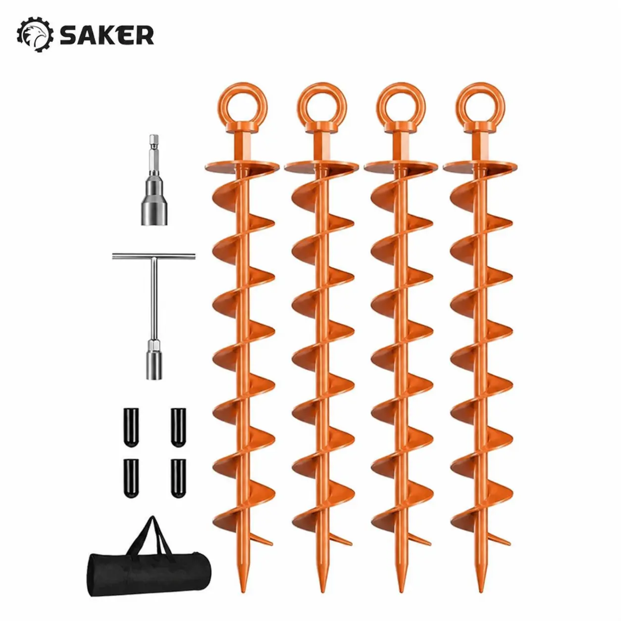 SAKER 4 Pcs Spiral Ground Anchors Kit - Heavy Duty Powder Coated Earth Stakes with Drill Adapter & Storage Bag for Camping Tent, RV Awning, Tree Support & Trampoline Safety