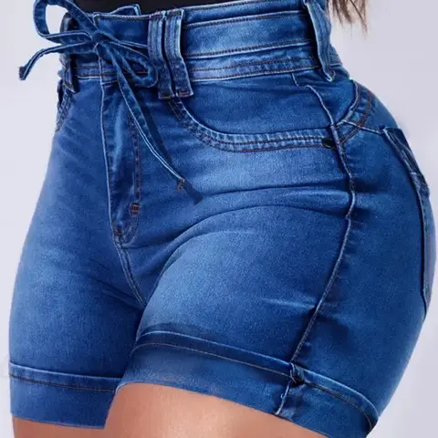 Women's High-Waist Denim Shorts - Medium Wash, Above-Knee, Included Tie Belt, Flattering Fit, Casual Everyday Wear, Waist-Stays-Put Bottoms