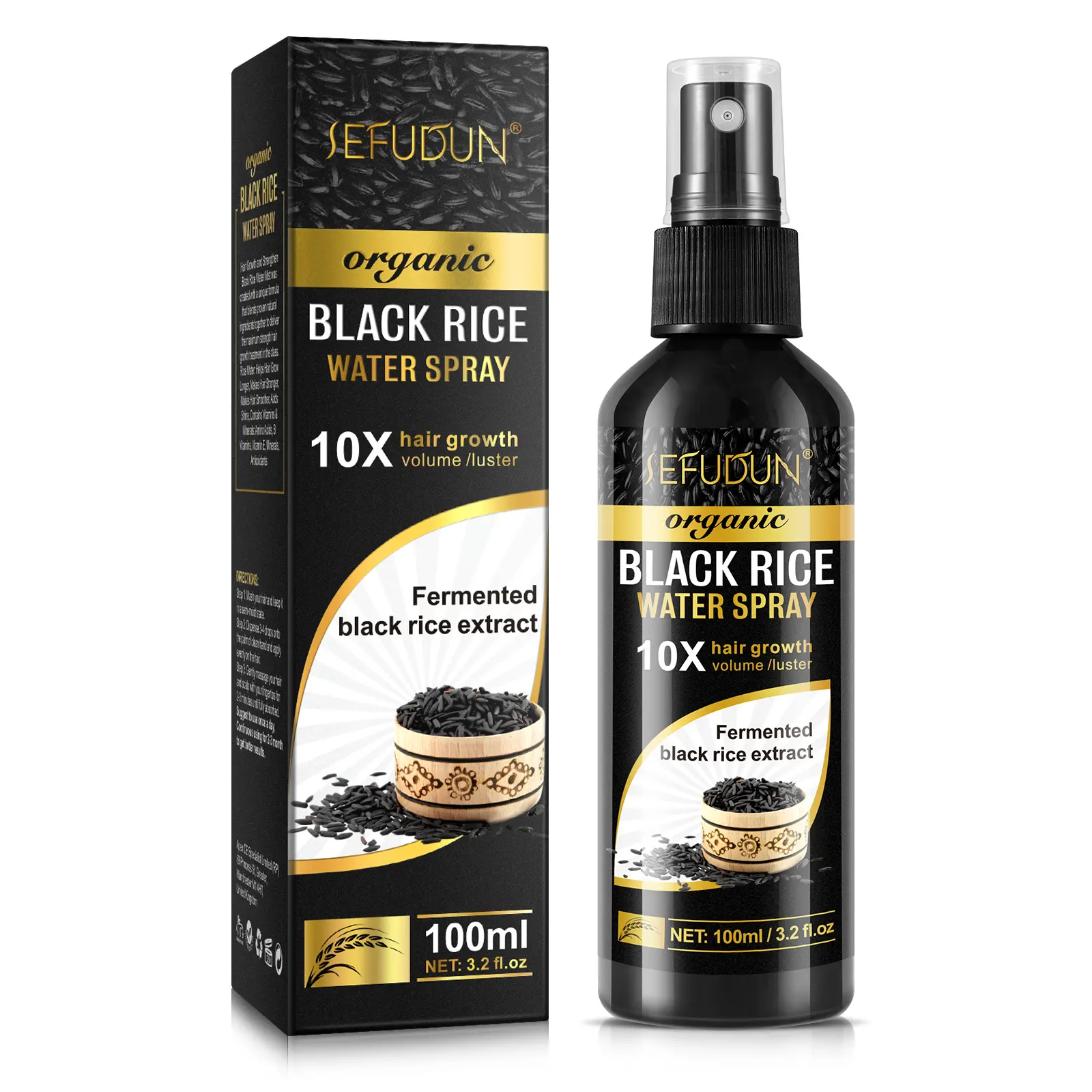 Sefudun Black Rice Water Hair Growth Spray for Fuller Hair, Volume & Luster, Thickening Regrowth Formula, 100ml, Hair Glow sohochic