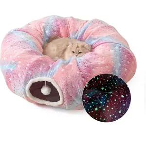 Under Christmas Tree Large Cat Tunnels Bed Tube for Indoor Cats Glows in The Dark Cat Tunnel with Cushion and Plush Ball Toy Longer Playground Toys for Dog Puppy Kitten Rabbit Pet Rainbow