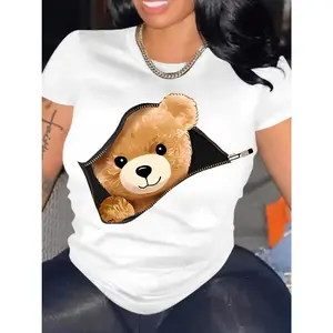 Women's Streetwear Lady T-Shirt, Casual Sporty Top with Cute Teddy Bear Print, Round Ribbed Crew Neck, Short Sleeve Pullover, Stretch Polyester Fabric, Fashionable Comfort Fit for Multiple Seasons