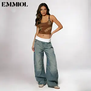 EMMIOL Women Y2K 90S Hip Hop Baggy Jeans Boyfriend Wide Leg Denim Pants Mid-Low Foldover Rise Loose Streetwear Outfits