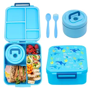 Leak-Proof 4-Compartment Bento Box with Insulated 8 oz Soup Jar | Portable Hot Food Lunch Container with Utensils for School & Travel