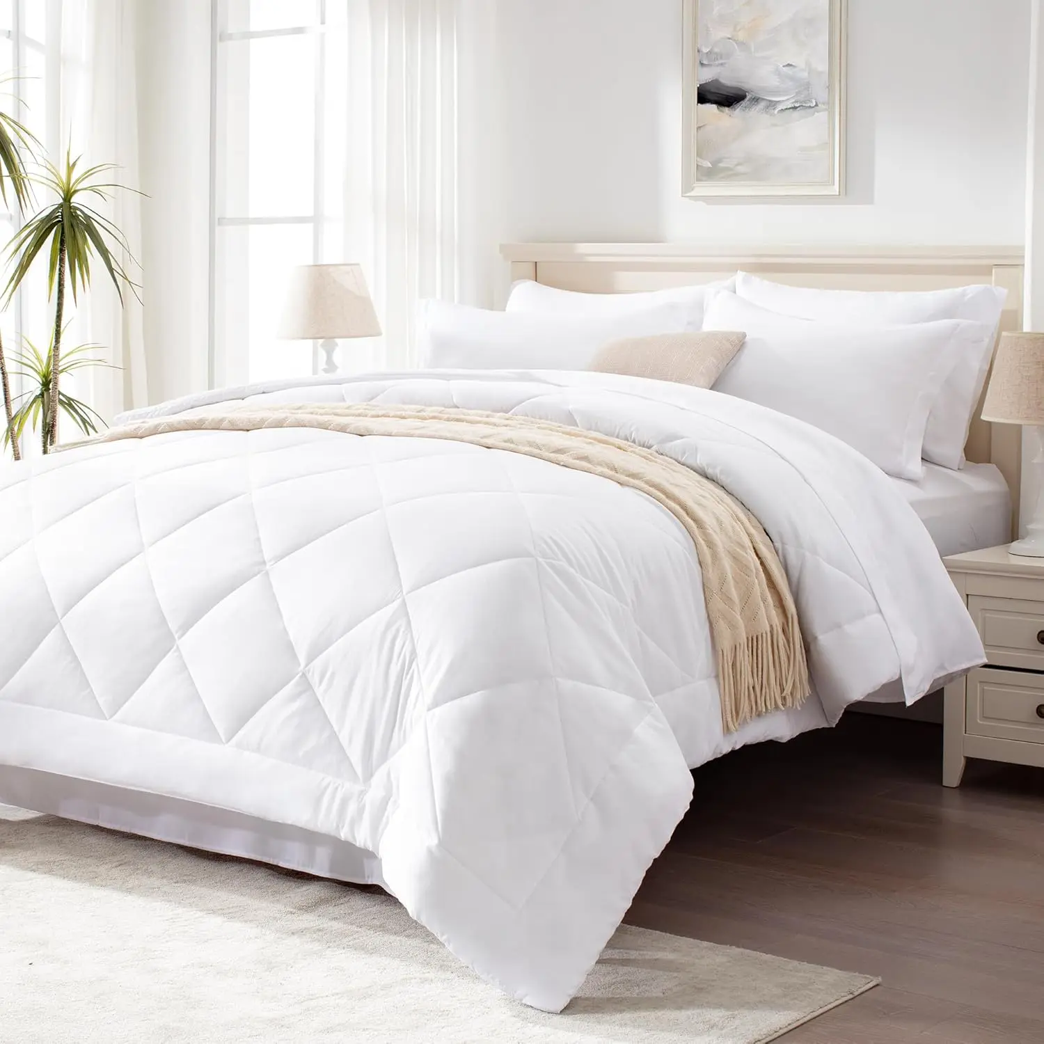 California King Comforter Set White, 7 Pieces California King Bed in a Bag, All Season Bedding Sets with 1 Comforter, 1 Flat Sheet, 1 Fitted Sheet, 2 Pillowcase and 2 Pillow Sham |     Soft, Breathable, Lightweight, Comfortable