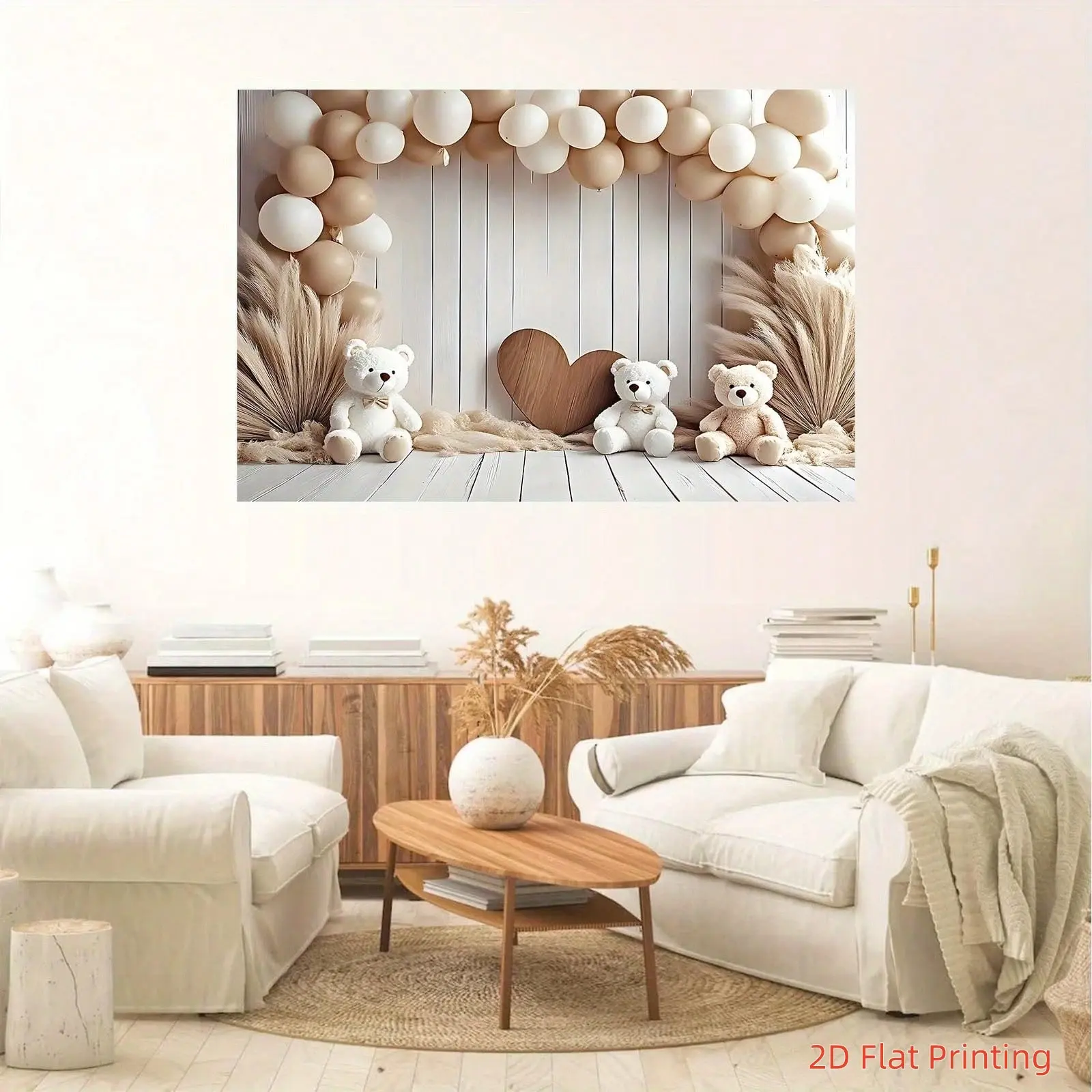 2D Flat 1pc Boho Teddy Bear Balloon Backdrop Banner, Pampas Grass Wood Heart White Wood Photography Background, Ideal for Baby Shower, 1st Birthday, Kids Photo Shoot Decor, Multiple Sizes Available