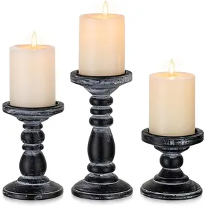 3Pcs Rustic Black Distressed Wooden Pillar Candle Holders, Large Farmhouse Candle Holder for Pillar Candles, Suitable for Fireplace Table Decor