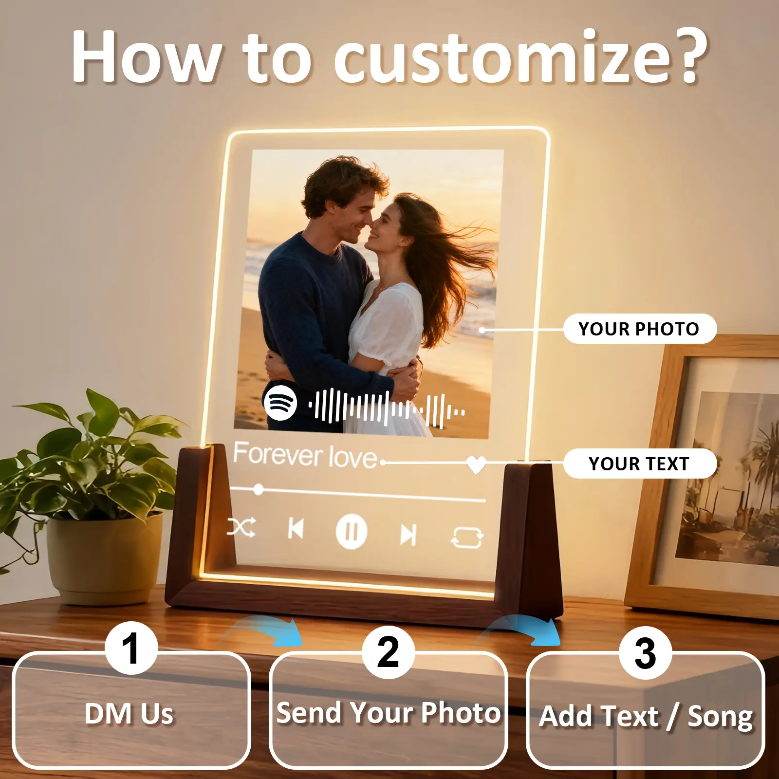 [HKZZ.Made] Custom Spotify Music Acrylic Plaque, 4/5/6/8 Inch Walnut Base, Multiple Light & Bluetooth Speaker Options, Personalized LED Photo Frame, Perfect Gift for Valentine, Anniversary, Birthday, Graduation & Special Memories # frames