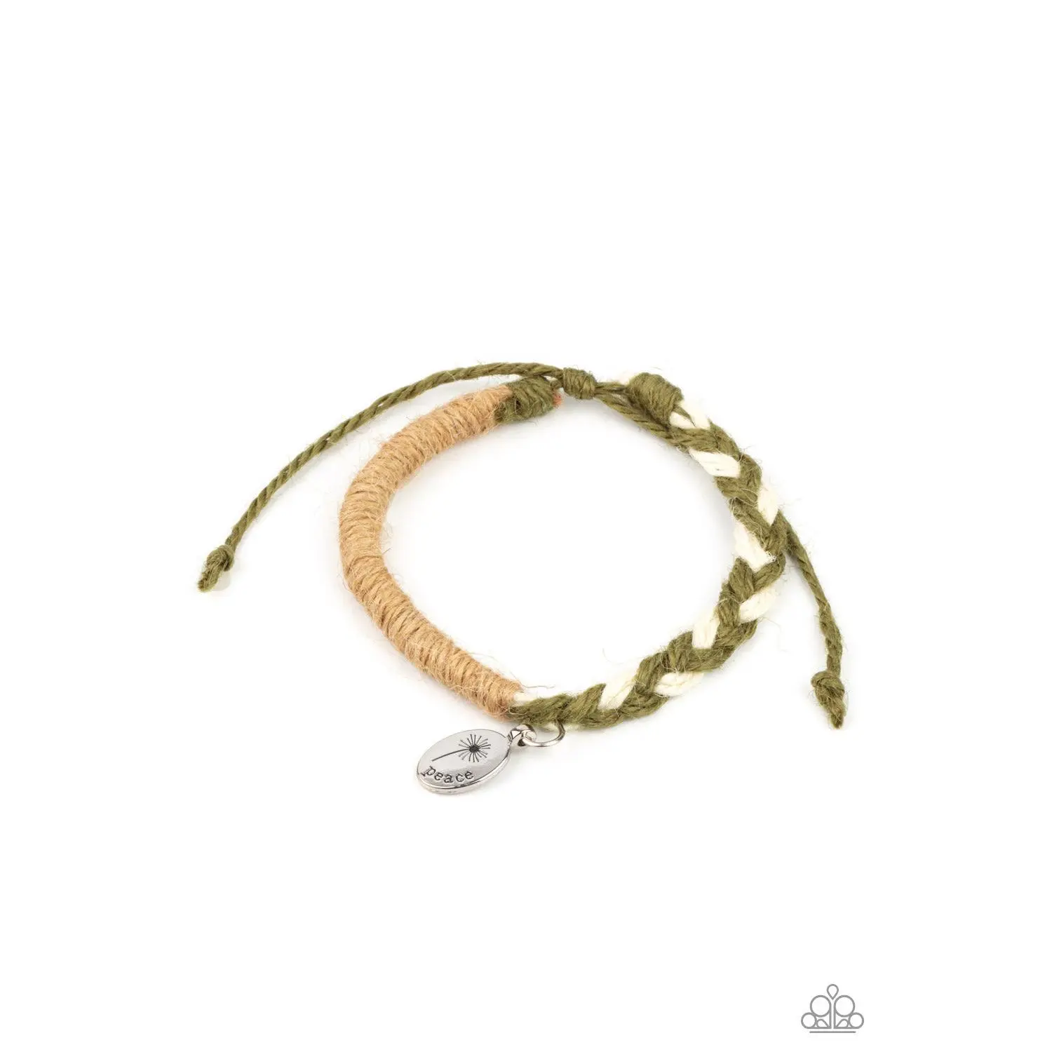 Unisex Homespun Braided Twine Bracelet with Dandelion "Peace" Charm - Green & Brown, 1 Size Adjustable, Sliding Knot Pull-On Design, 1-Piece Casual Wear Costume Jewelry