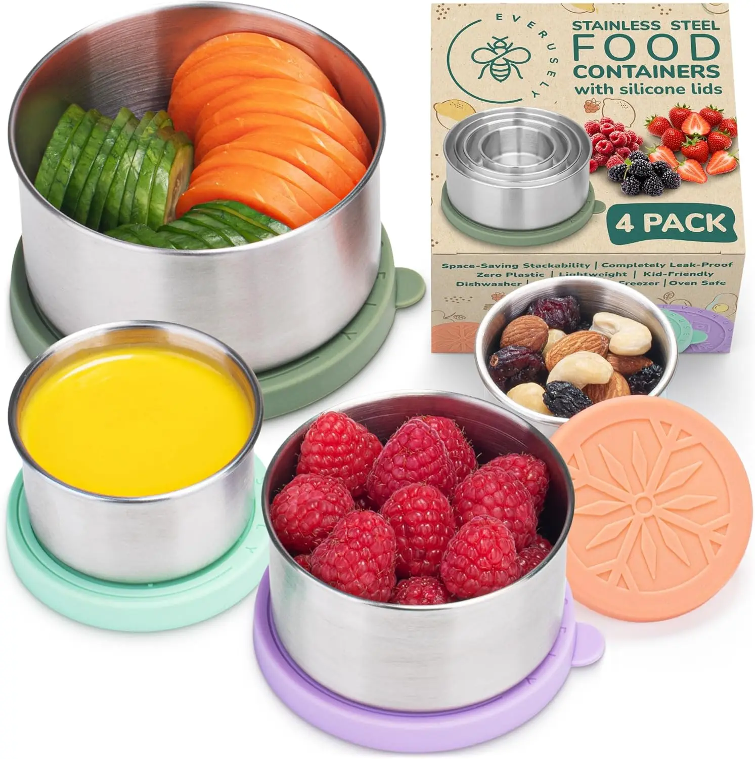 EVERUSELY Stackable Reusable Stainless Steel Kitchen Storage Containers Set - 4-Pack 4 Sizes, Airtight Leakproof Silicone Lids, Color-Coded, Food-Safe, Dishwasher & Freezer Safe, Meal Prep/Lunch Containers for Fridge Organization & Packing Lunch for Kids,