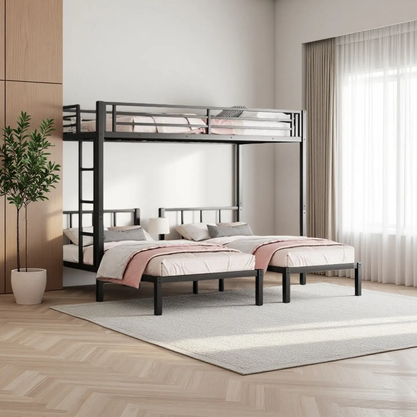 Twin over Twin & Twin Bunk Beds for 3 Detachable Metal Triple Bunk Bed with Guardrails Sturdy Construction for Kids' Safety L Shaped Option, metal cruise heavy duty bunk loft beds Bedframe Bedroom Furniture Space Saving Sleeper Loft Bed