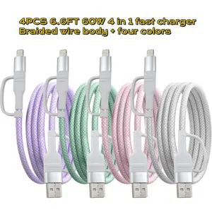 Aioneus 4Pcs 6.6FT 4-in-1 Multi USB 60W Charging Cable, Family sharing pack, family charger set, christmas gift, black friday