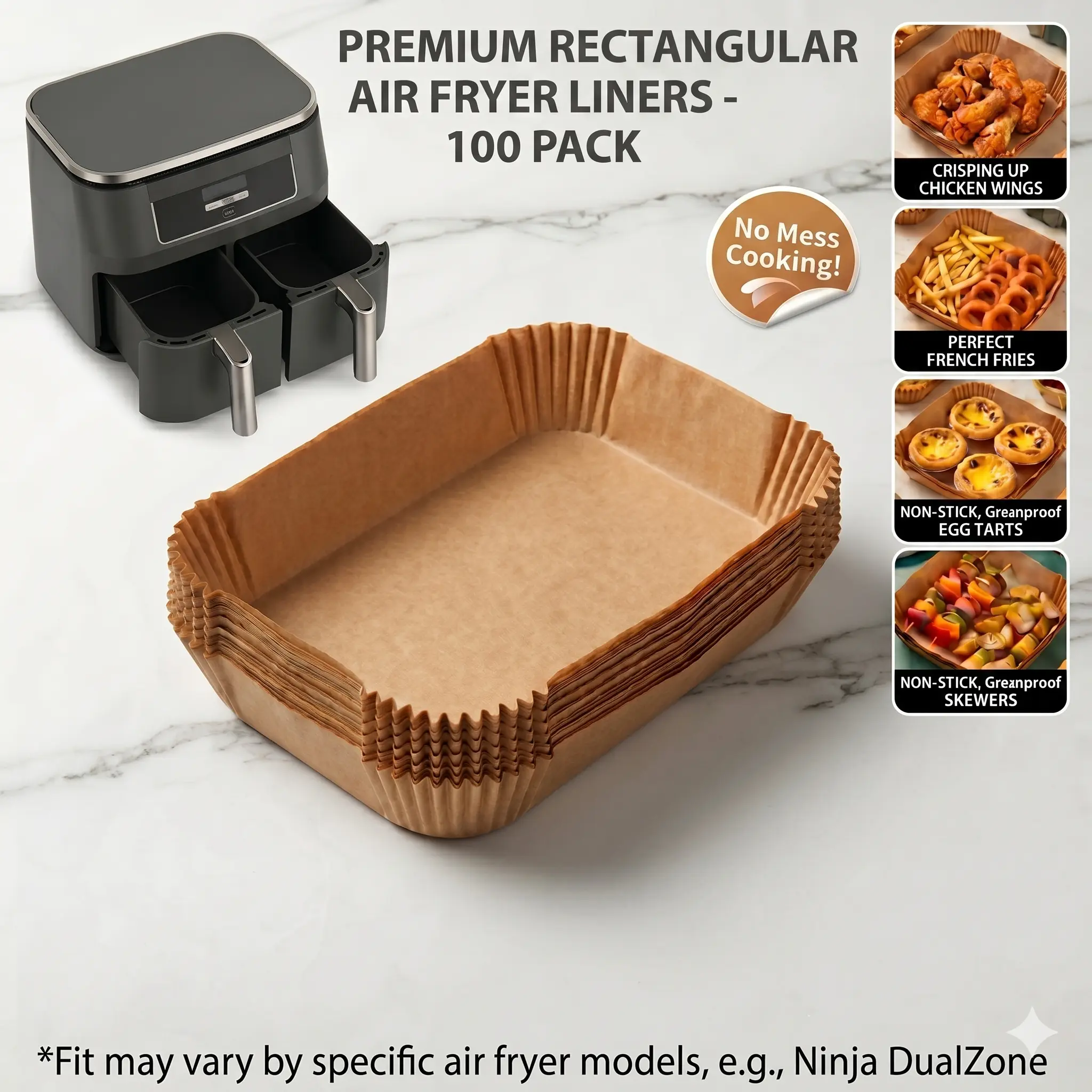 100 PCS Heavy-Duty Rectangle Air Fryer Parchment Paper Liners, 14x22cm , Hard Case Included, Compatible with Ninja DZ201 DZ401 2-Basket Air Fryers，parchment