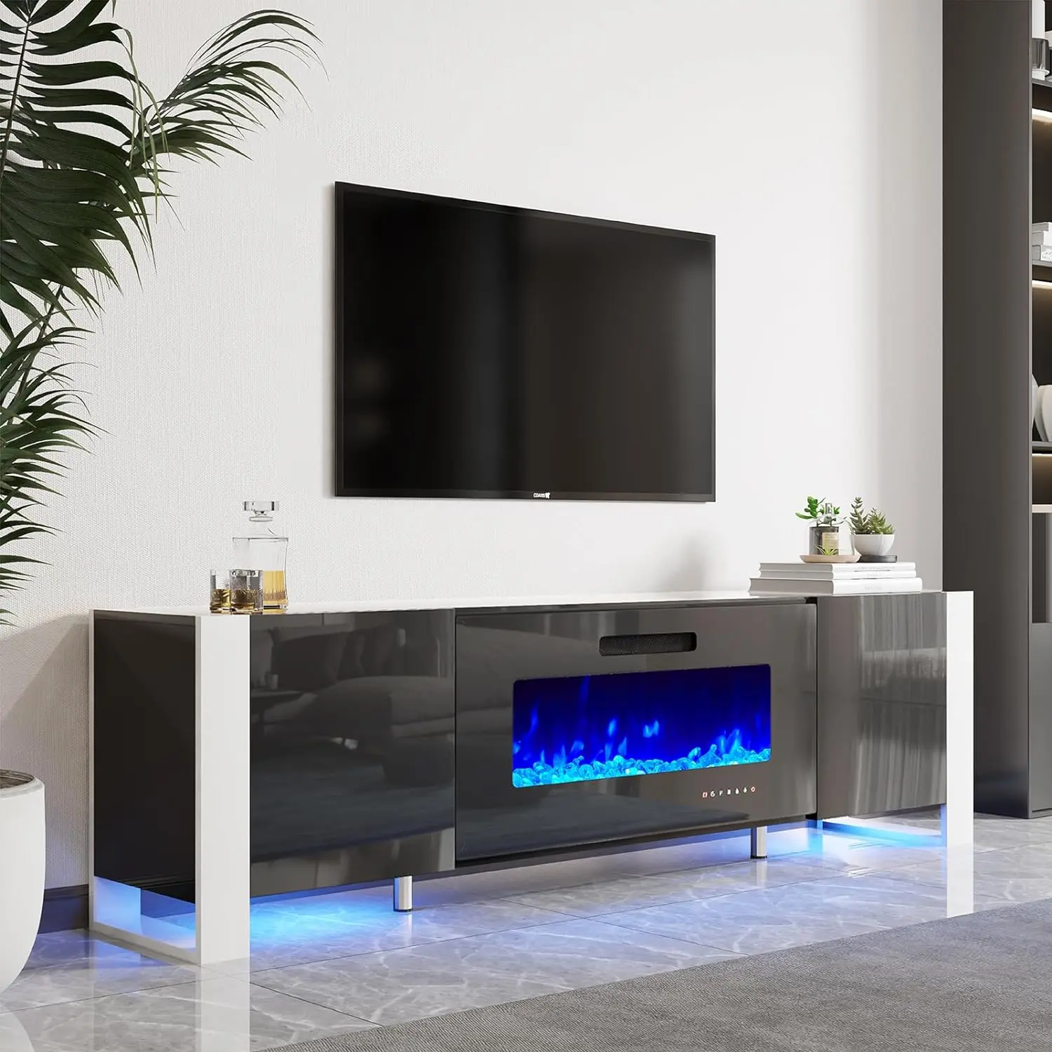 ALBOTT Modern Fireplace TV Stand with Storage for TVs | High Gloss Entertainment Center, with Electric Fireplace, LED Lights, Modern TV Console Cabinet[tiktokshopbacktoschool][SohoChic]
