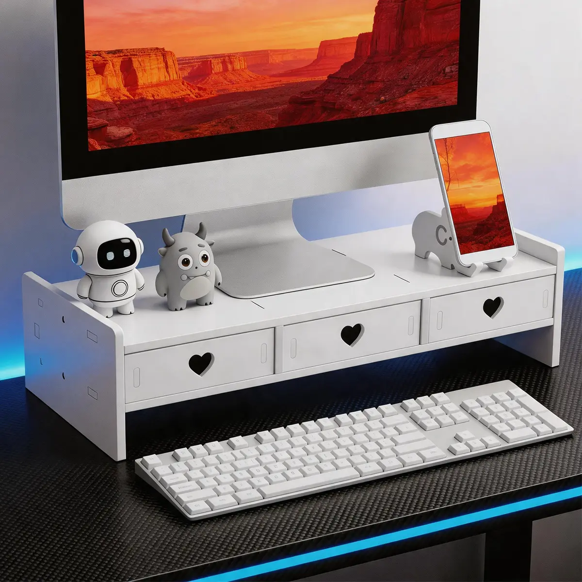 3-Drawer Built-In Drawers Computer Stand Riser, Office Desk Accessories Desktop Organizer for Adults’ Home Office Workstation, Sturdy