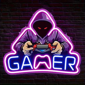 Mysterious and cool "gamer" player-shaped neon sign, uv printing. usb powered dimmable LED light, suitable for bedroom, study, store, game club, game room, decorative front LED signage
