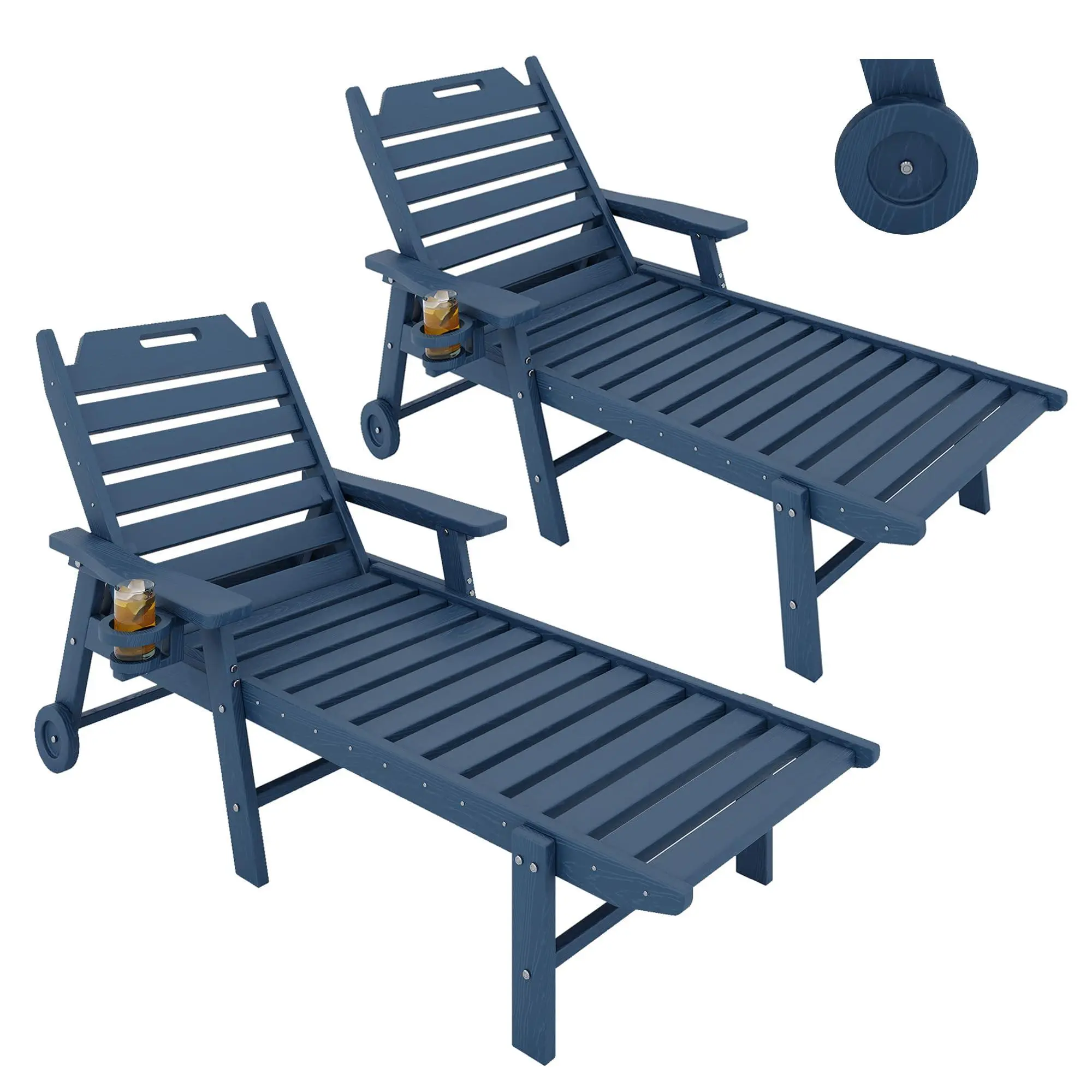 GARVEE 2-Pack HDPE Plastic Oversized Chaise Lounge, Wood Texture, 5-Position Backrest, All-Weather, Built-In Cup Holder, Rolling Wheels, Navy Blue for Patio, Poolside