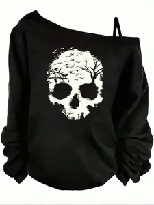 Halloween Women's Fashion Casual Loose-Fit Long Sleeve Knit T-Shirt, Design Shoulder Drop, Skull Print, Comfortable Everyday All-Season Wear