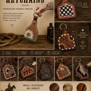 Cow tag tooled leather keychain