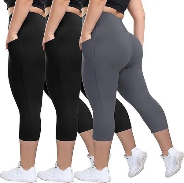 3-Pack Capri Leggings for Women, Plus Size Solid High Waist Slim Fit Fitness Yoga Clothes with Tummy Control and Compression, Fitness Yoga Leggings, Compression Gym Pants, Plussize, Curvy Clothing, Curvy Women Plus Size, High Waist Leggings