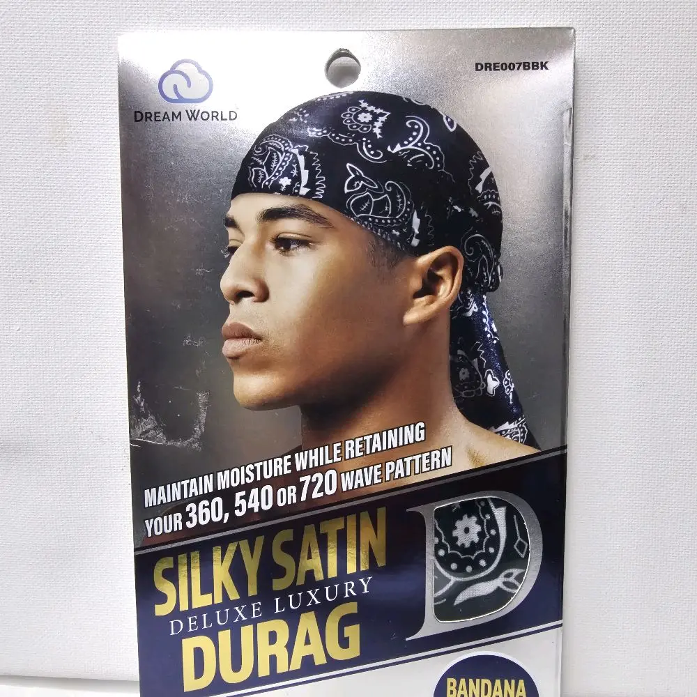 Dream World Silky Satin Deluxe Luxury Durag Bandana Doo Rag Cap Headwraps for 360 Waves Men's Women's with Long Tail and Wide Straps