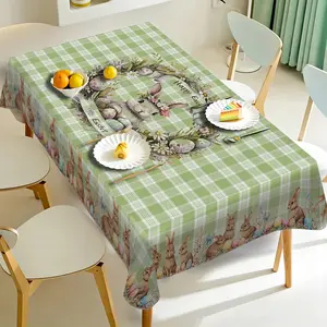 Green Plaid Rabbit Wreath Tablecloth, Spring Pastoral for Dining Table, Easter Party, Party Decoration