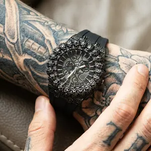 MaxBling81 Men's Luxury Quartz Watch - 45mm Casual Round Dial, Black Silicone Strap, Thorn Bezel, Simulated Diamond Iced Case, Waterproof Urban Fashion Watch