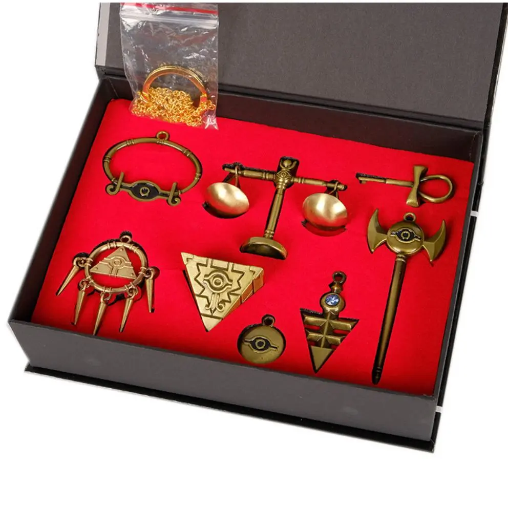 8 Piece Anime Jewelry Set, Metal Egyptian Puzzle & Magic Weapon Charms for Cosplay Fans with Necklace Chains & Keychain Attachment in Gift Box, Anime Charm, Cosplay Gift, Unisex, Metal Coated