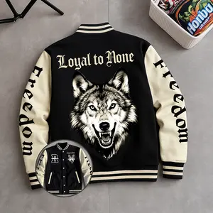 Men's Baseball Jacket 100% Polyester Durable Wind-Resistant Black & Apricot Colorblock Wolf Animal Graphic Varsity Coat Vintage Retro Old-School Casual Sports SWAG Streetwear Light Fleece-Lined Winter Jacket Trendy Gift for Boyfriend