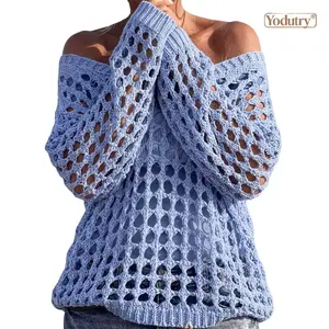Yodutry | Women's Off-The-Shoulder Crochet Knit Sweater | Hollow Out Long Sleeve Mesh Pullover | Loose Slouchy Boho Beach Cover Up Tops