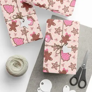 Pink Gingerbread Woman Christmas Wrapping Paper Girly Gingerbread House Holiday Gift Wrap Sweet Pink Christmas Wrapping Paper with Festive Patterns