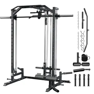 GMWD Smith Machine Power Cage for Home Gym 1:1 Ratio Strength Trainer with 8 Attachments Space Saving Squat Rack Alloy Steel Construction