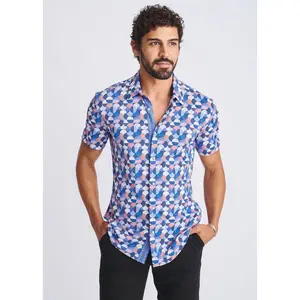 PURPLE/WISTERIA SWIRLS PRINTED PERFORMANCE SHORT SLEEVE SHIRT W/ CONTRAST PLACKET PM-76110