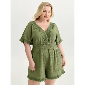 BLOOMCHIC Plus Size Floral Fringe Lace Neckline Romper [M-6X]2026 Summer Vibes Swimweek