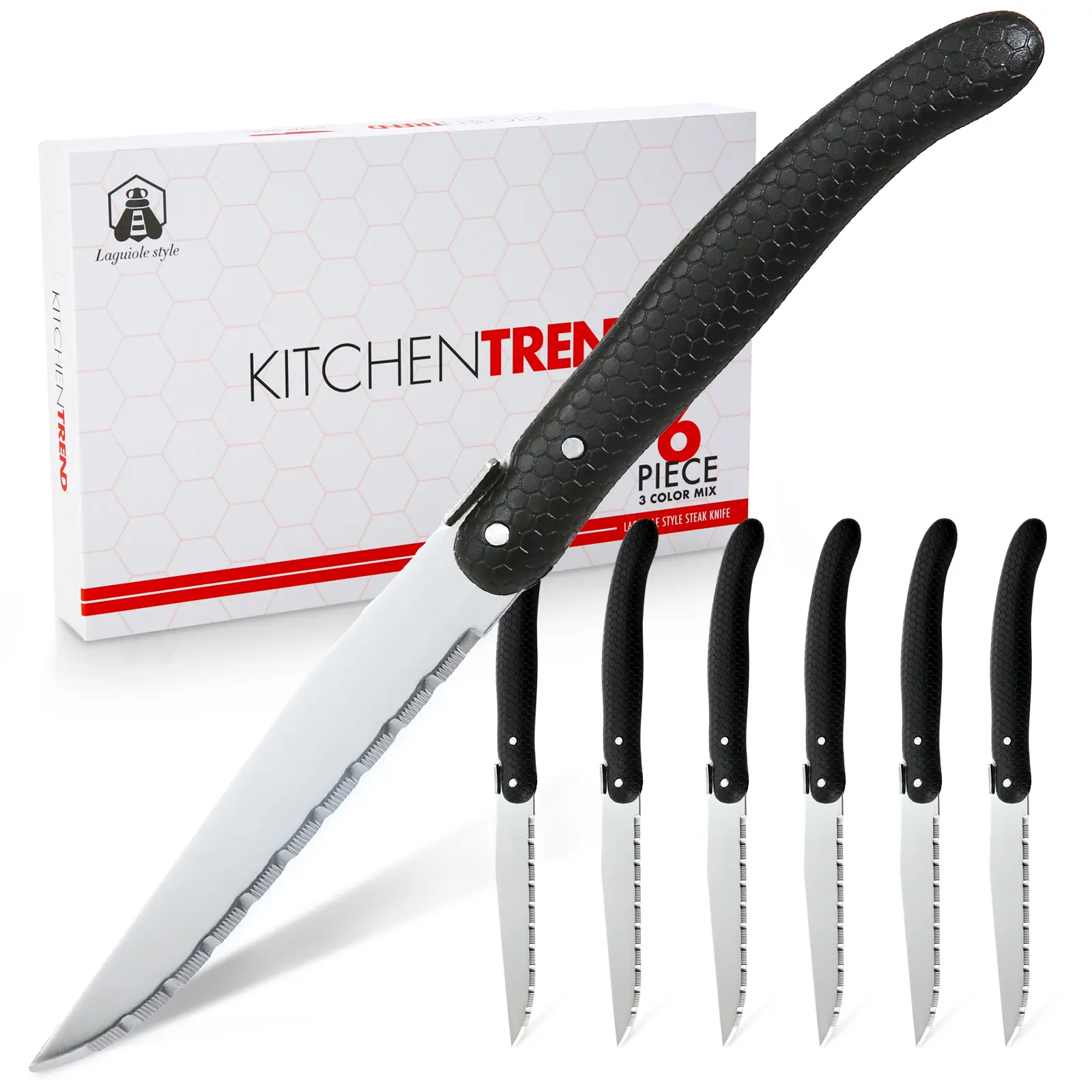 KITCHENTREND 6-Piece Ergonomic Laguiole Premium Serrated Mirror Polished Blade Stainless Steel Steak Knives Set with Black Honeycomb Block - Heavy-Duty Kitchen Cutlery, Dishwasher-Safe for Family & Adult Home Use
