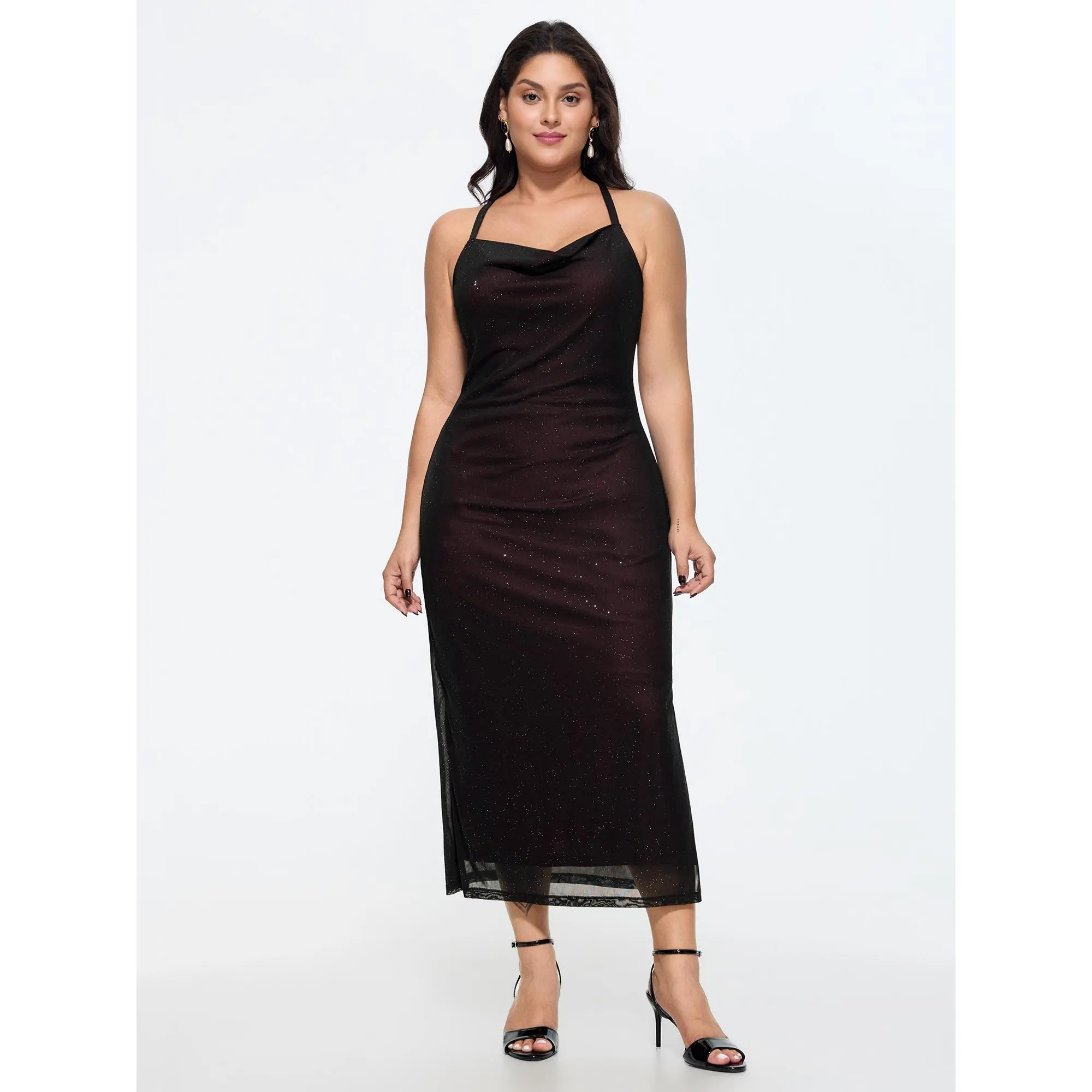 BLOOMCHIC Women's Plus Size Shimmery Sequins Mesh Cowl Neck Cap Ruffle Sleeve Midi Dress [M-6X] 2026 Spotlight, Deals For You Days, Summerfinds, Spandex, Polyester Fabric, Pull-On Fit, Cold Hand Wash, Do Not Dry Clean, Iron On Low Heat
