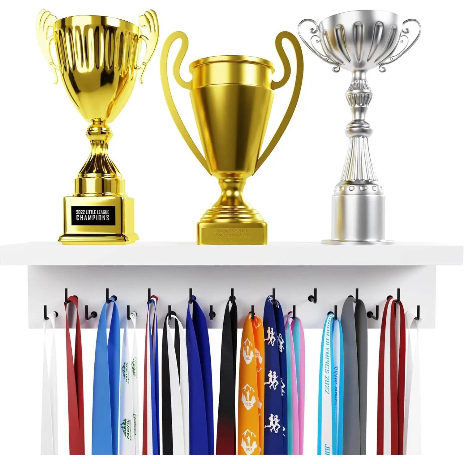 Medal Hanger Display and Trophy Shelf with Hooks - Wooden Medal Holder for Wall Mount Ribbon Display, Trophy Display Shelf for Gymnastics, Soccer, Running Race Medals Awards Rack