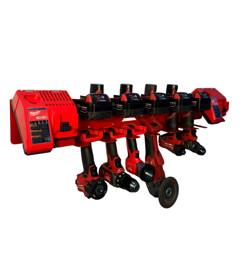 Battery Charger Station with Organizer, Tool Holder & Battery Storage for Easy Use wall - Compatible with Milwaukee 12v,18v Battery for Efficient Power Tool Recharging Holds 5 M18 Batteries 4 M12 Batteries 4 M18 Tools 2 M12 Tools 2 Chargers