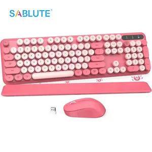 SABLUTE KC302 Typewriter Wireless Keyboard and Mouse Combo with Round Keycaps, Full-Size Retro Typewriter Keyboard with Detachable Wrist Rest