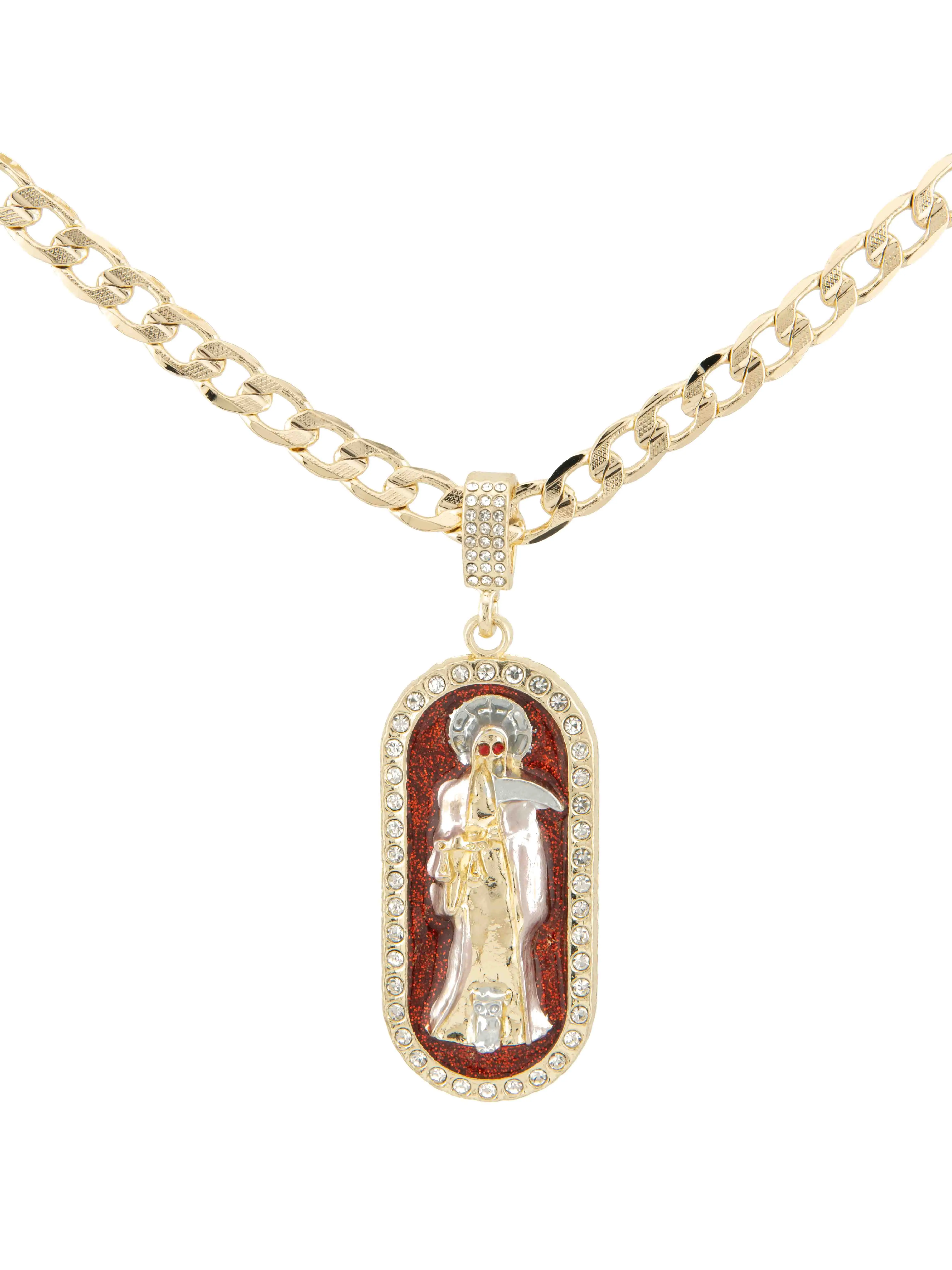 Elegant Gold-Plated Santa Muerte Pendant Necklace with 24-in Cuban Link Chain, Cuban Necklaces for Prideful Wear, Elegant Necklace